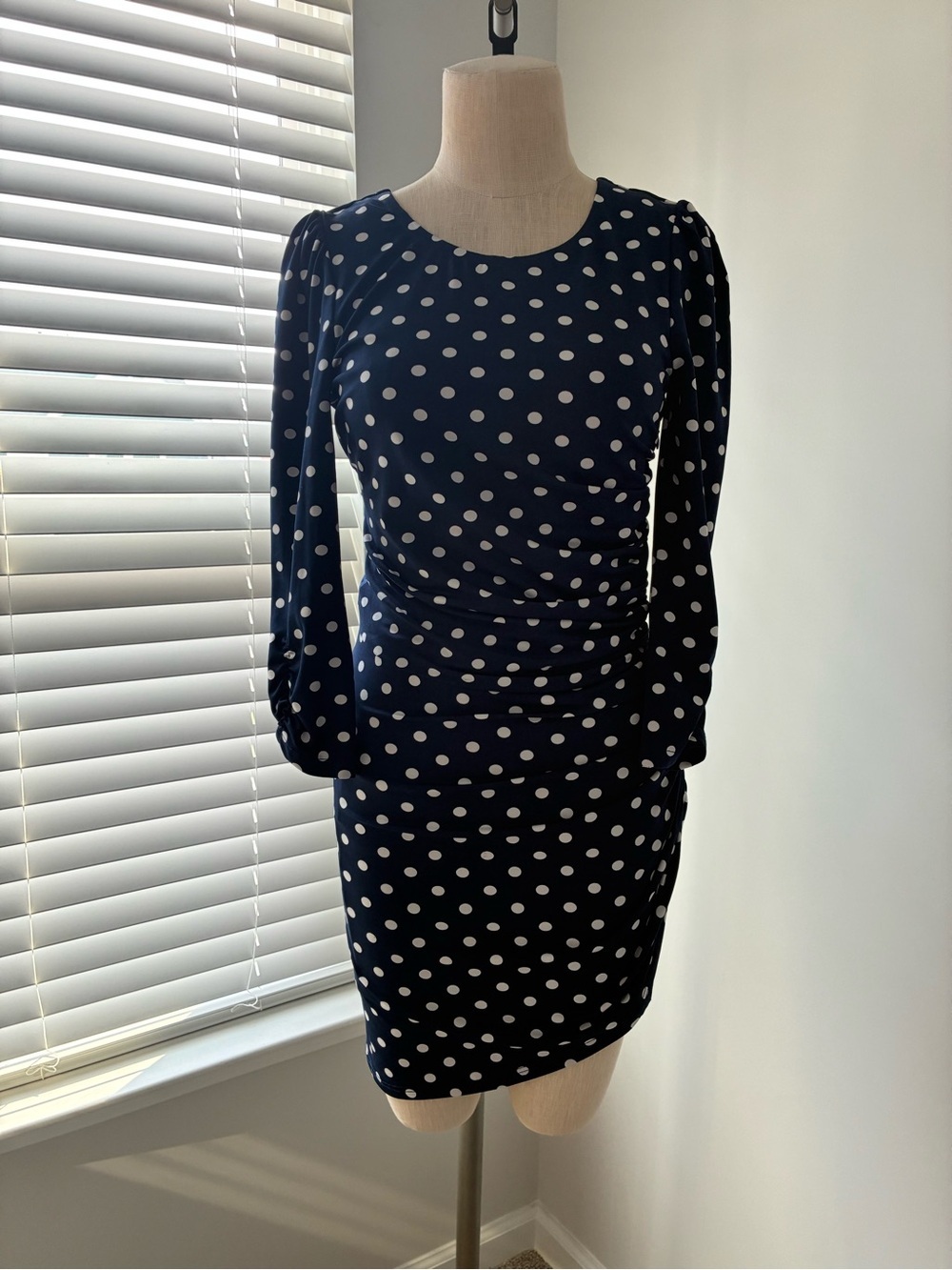 Ark & Co Women's Navy and White Ruched Polka Dot Long Sleeve Mini Dress